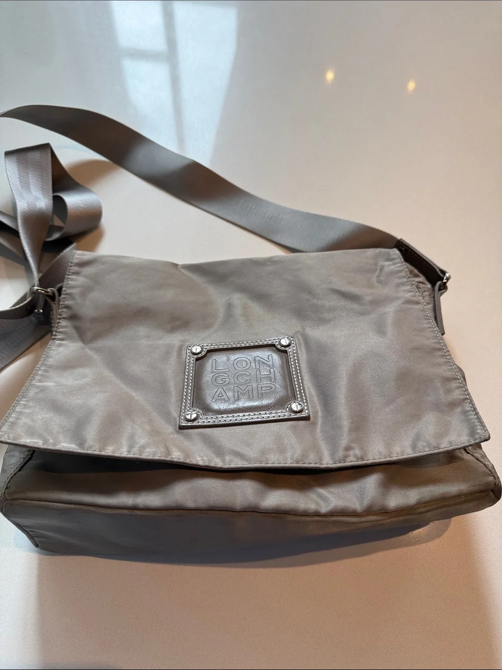 Vintage Longchamp Messenger Bag Crossbody with Branded Strap, Grey Taupe, Nylon